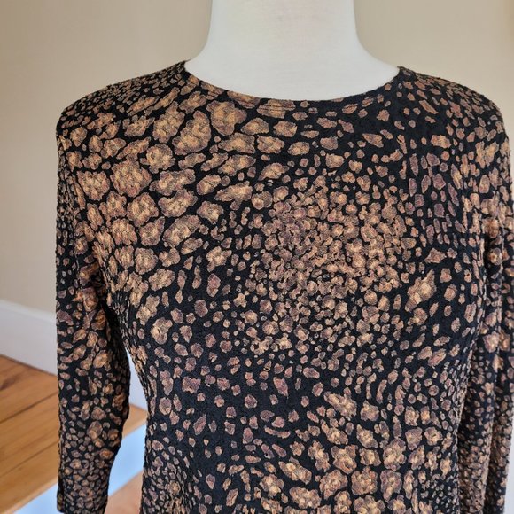 JM Collection 3/4 Sleeve, Black/Gold Textured Print Stretchy Top. Size S - Picture 3 of 9